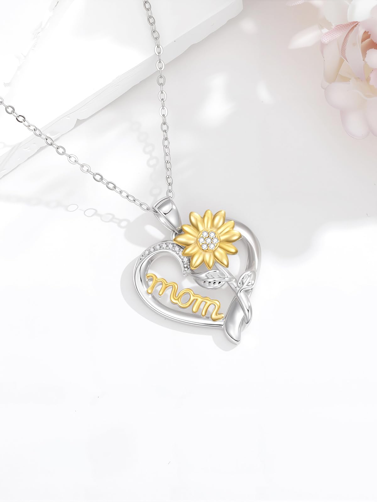 ZBA Real Diamond Sunflower Necklace for Mom, 925 Sterling Silver Sunflower Necklace for Mom Sunshine Gifts Fine Jewelry Anniversary Valentines Birthday Mothers Day Gifts for Mother Grandmother from Daughter Son