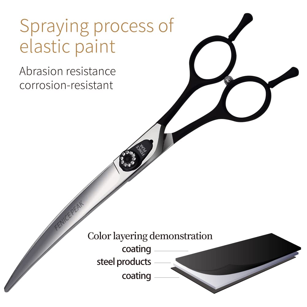 Fenice Peak 7.5'' Professional Dog Grooming Scissors Set with Black Non-Slip Handle 440C Stainless Steel Straight Thinning Curved Chunker Shears 4pcs Set for Pet Grooming Services