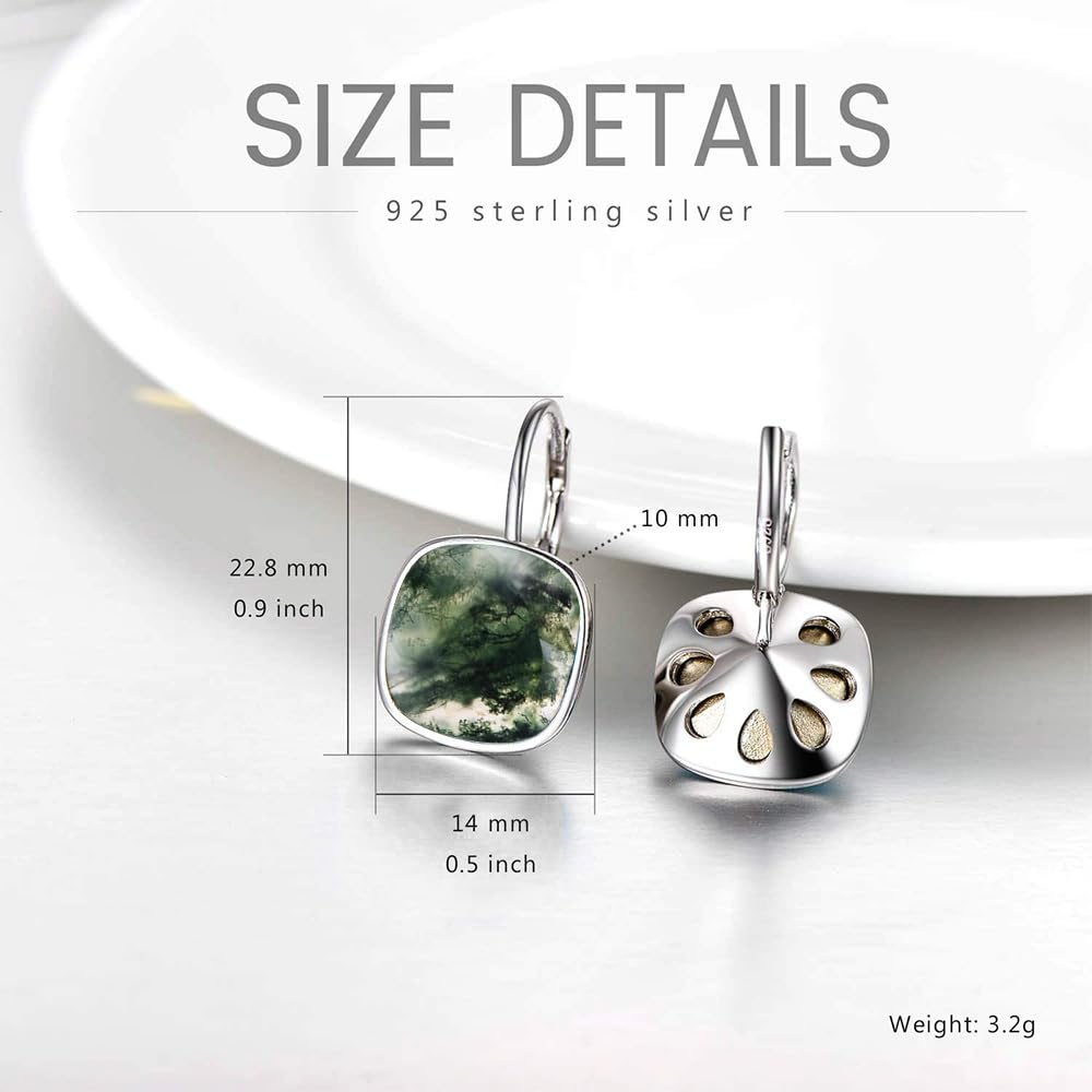 AOBOCO Sterling Silver Leverback Earrings Embellished with Crystals from Austria, Hypoallergenic Cushion Cut Square Crystal Earrings, Fine Anniversary Birthday Jewelry Gifts for Women (Moss Agate)