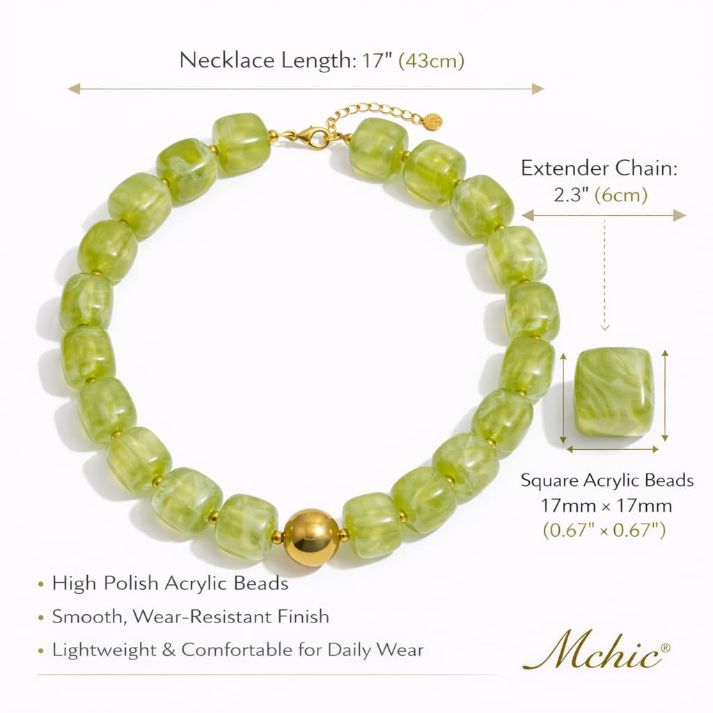 Mchic Green Beaded Choker Necklace for Women: Adjustable Boho Chunky Green Beads Strand Necklace Acrylic Square Bead Jewelry Summer Beach Vibe Handmade Stainless Steel Necklace Gift