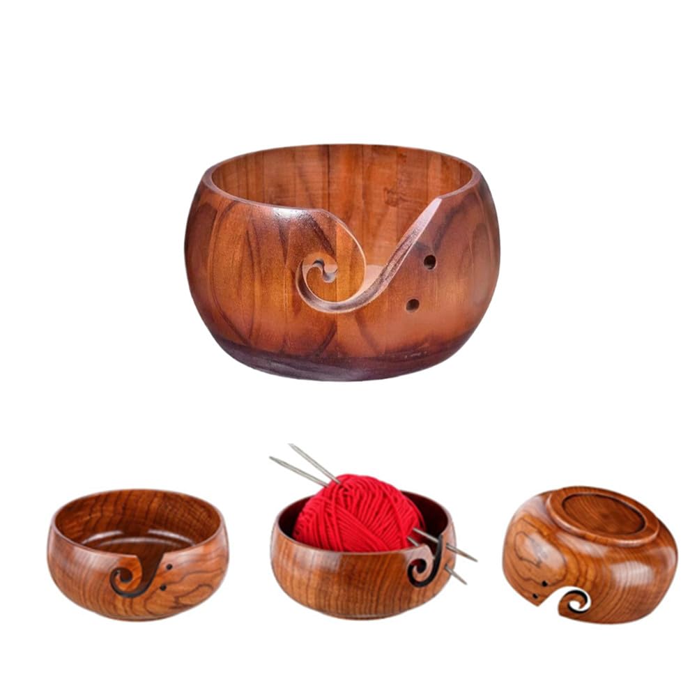 Natural Wooden Yarn Bowl with 12Pcs Crochet Hooks, Wood Thread Bowl Set for Knitters, Large Yarn Holder Storage Dispenser for Knitting DIY Crafts Tools Mother's Day Gift (Brown)