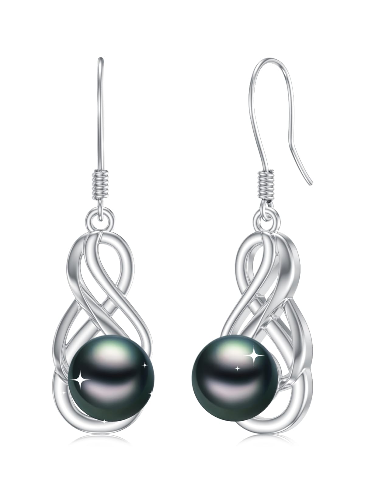 KANNSOAR 7MM Tahitian Black Pearl Dangle Drop Earrings, 18K White Gold Plated Sterling Silver Everyday Infinity Earrings for Women Wife Girlfriend Jewelry Gift for Anniversary Birthday Christmas