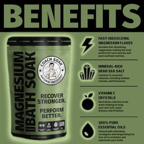 Coach Soak Recovery Bath Soak - Alternative to Epsom Salt Bath Soak - Fast-Absorbing Pure Magnesium Flakes & Dead Sea Salt with 21 Minerals, Bath Salts & Essential Oils - 15 lb, Mixed Bundle