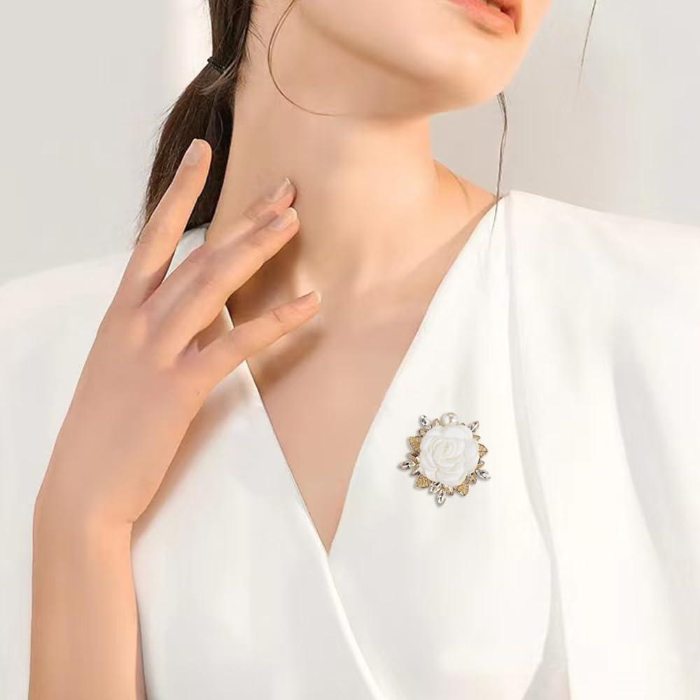 Elegant Rose Flower Brooch Pin for Women Men Wedding Party Gentleman's Essentials Handmade Imitation Crystal Pearl Fabric Flower Lapel Pin Dress Suit Accessories Boutonniere Ideas Gift (White)