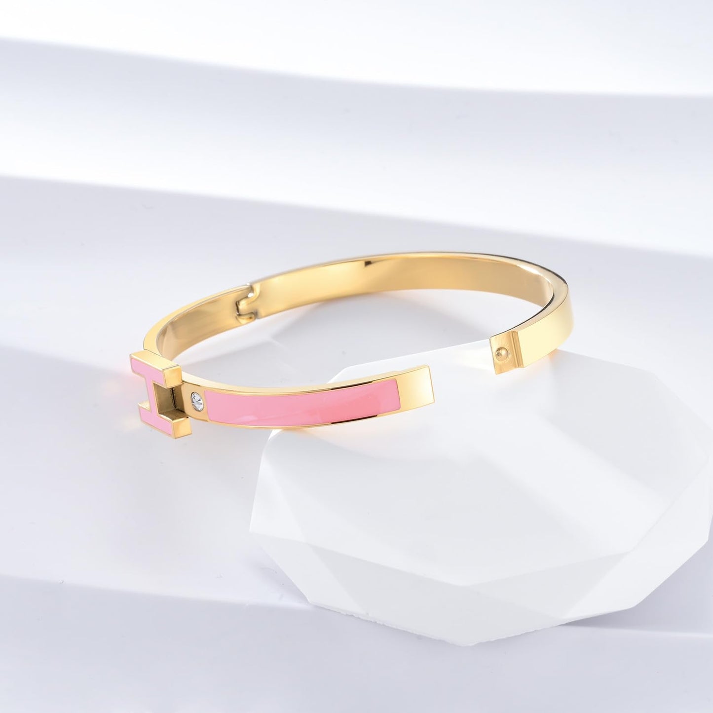 Hothink H Bracelets for Women,H Bangle and H Wire Rope Bracelet Set,Dainty Gold Bracelets Set for Christmas Mothers Day Gifts for Women (Gold-Pink)