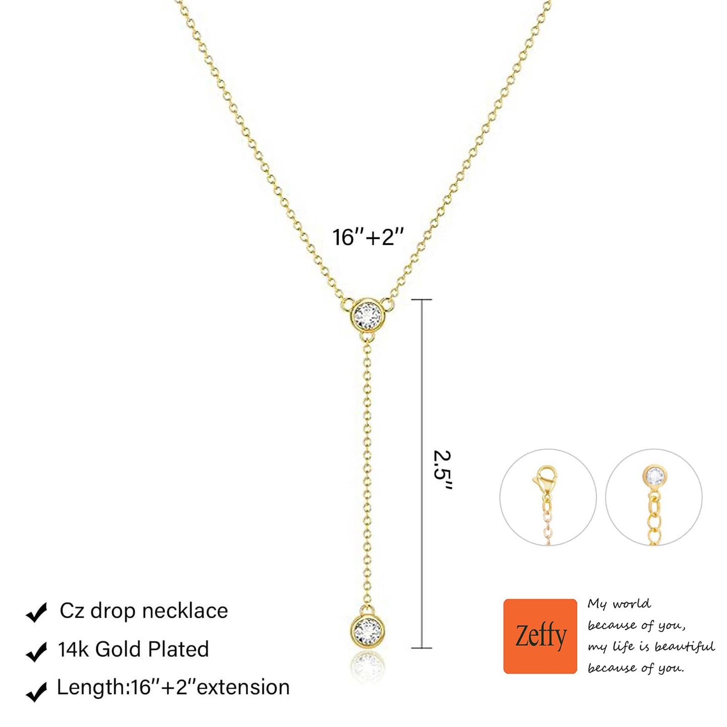 Zeffy Long Gold Necklace for Women- Dainty 14K Gold Plated Teardrop Drop Lariat Necklace Trendy Simple CZ Y-Shaped Body Chain Stack Wedding Prom Dangle Statement Necklace Jewelry Gifts