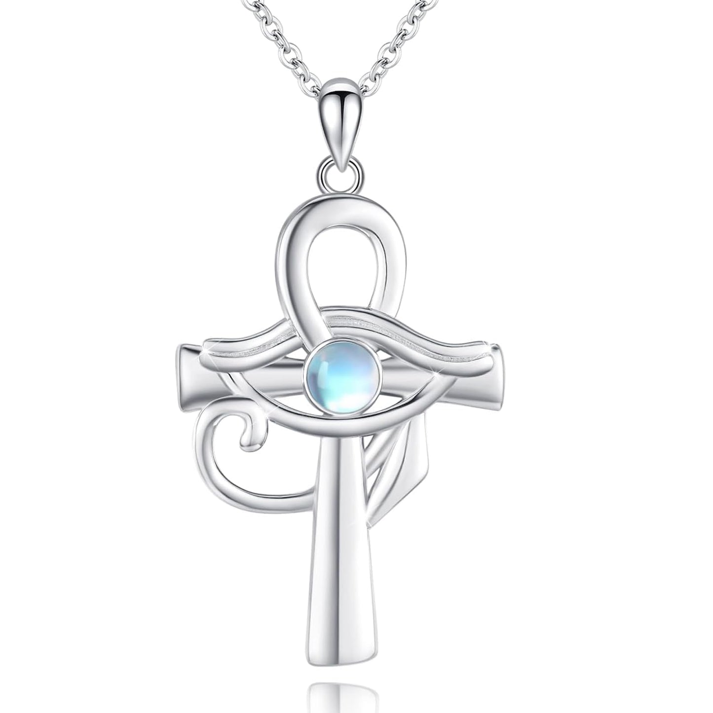 Eye of Horus Necklace S925 Sterling Silver Ankh Cross Necklace with Moonstone Egyptian Eye of Horus Protection Cross Jewelry Gifts for Women Birthday Christmas