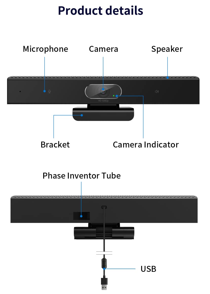 Conference Room Camera, 3-in-1, 1080p Full HD Webcam with Microphone and Speaker, USB Plug and Play, Wide Angle Video Conference Camera for Desktop, Laptop, Mac, PC (Black)