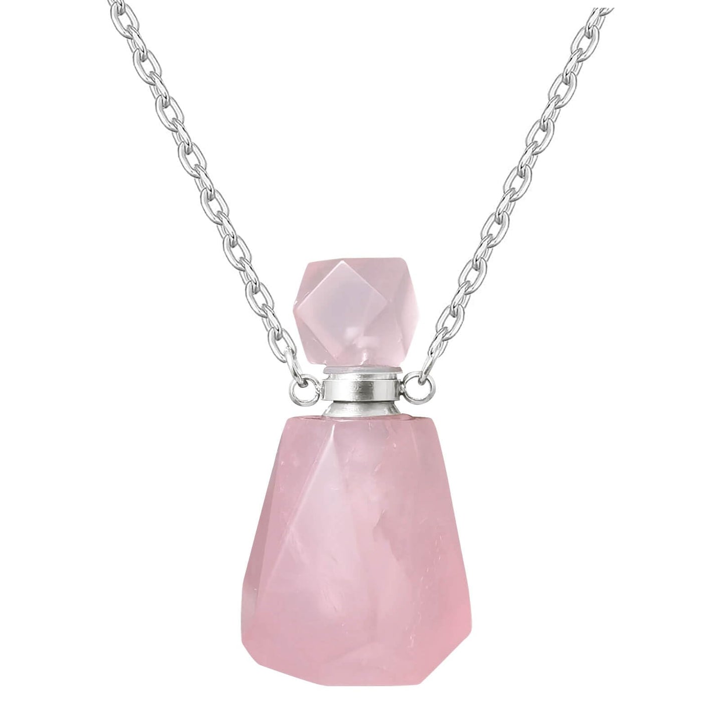 Rose Quartz Necklace, Rose Quartz Necklace, Rose Quartz Crystal Perfume Bottle Necklace with Stainless Steel Chain, Vintage Vial for Essential OilRose Quartz Crystal Perfume Bottle Necklace with Stainless Steel Chain