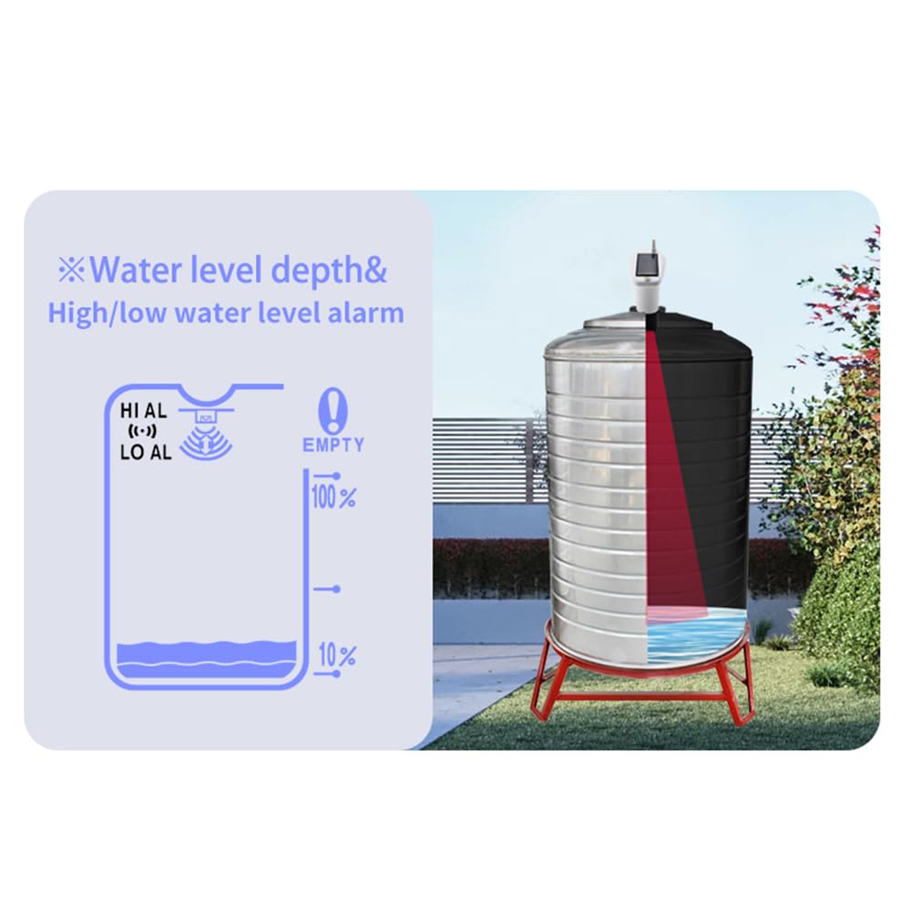 VISLONE Ultrasonic Water Level Monitor Tank Liquid Level High/Low Alarm Solar Powered Water Level Sensor Water Level Indicator Gauge IP65 Waterproof