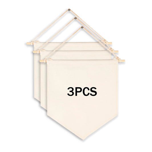 3Pcs Blank Wall Canvas Banners - Blank Pennant Flag Banner& Wooden Dowel &Unbound String - Decorative DIY Wall Decor, Interior Decoration, Baby Shower, Wedding, Graduation,Space,Corner, Classroom Decor,Meaningful DIY Gift