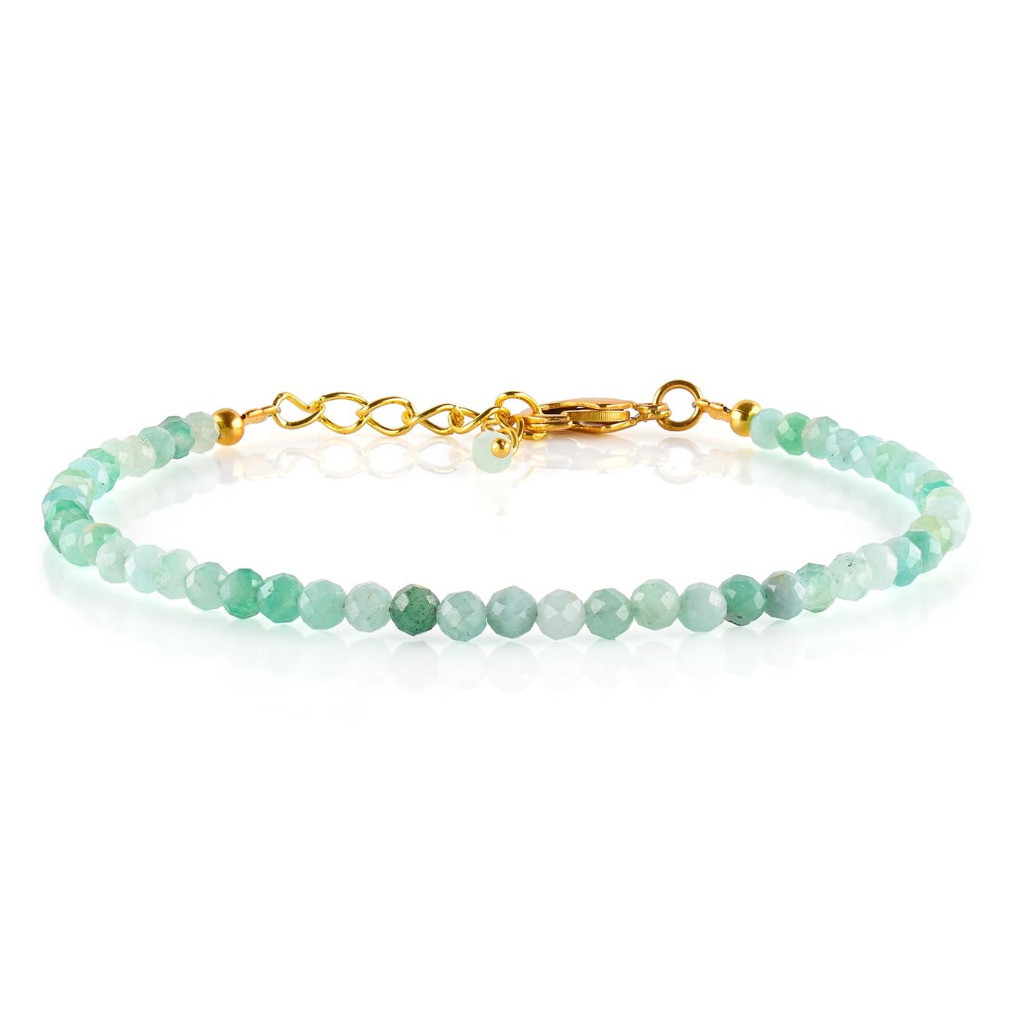 Natural Green Emerald Gemstone Micro Beads Dainty Bracelet Jewelry for Women, May Birthstone, Chakra Energy Crystals, 14k Gold Plated Chain 8 inch Adjustable