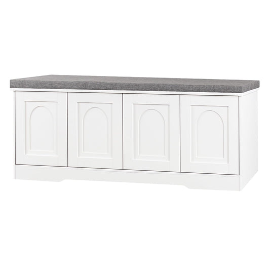 DINZI LVJ Shoe Bench, Entryway Storage Bench with Doors, Cushion, 2-Tier Shoe Rack with 8-Cubby, 47.2”L x 13.8”W Shoe Organizer Cabinet, Adjustable Shelf, Living Room, Bedroom, White