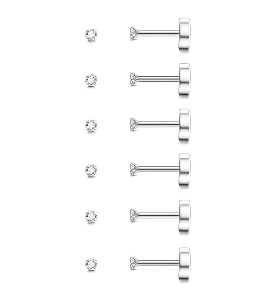 6 Pairs Silver 2mm Tiny Flat Back Earrings for Women Men, Surgical Steel 20G Small Stack Round Cubic Zirconia Earrings for Multiple Piercing, Hypoallergenic Piercing Studs for Sensitive Ears