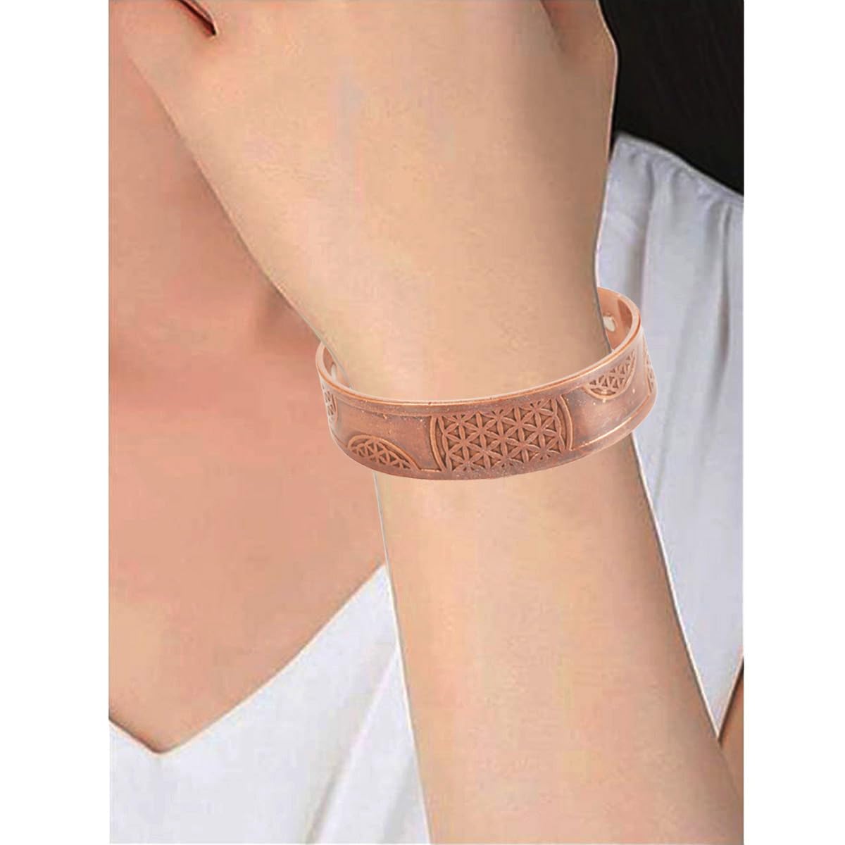 Touchstone handcrafted magnetic copper bracelet. Hand forged with solid and high gauge Tibetan style engraved cuff pure copper jewelry for women men. Exotic Celtic Design.