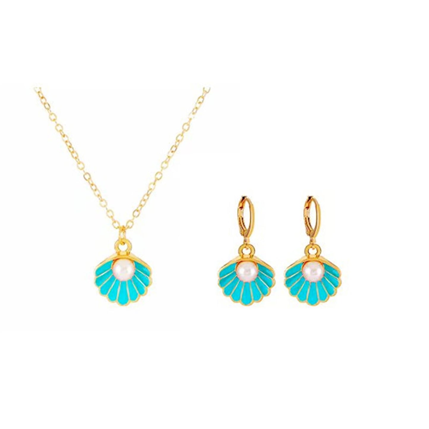 Seashell Pearl Pendant Necklace Gold Plated Boho Enamel Pink Blue Scallop Sea Shell Starfish Ocean Animal Chain Necklace for Women Hawaiian Summer Beach Holiday Fashion Jewelry Gifts (Blue jewelry set)