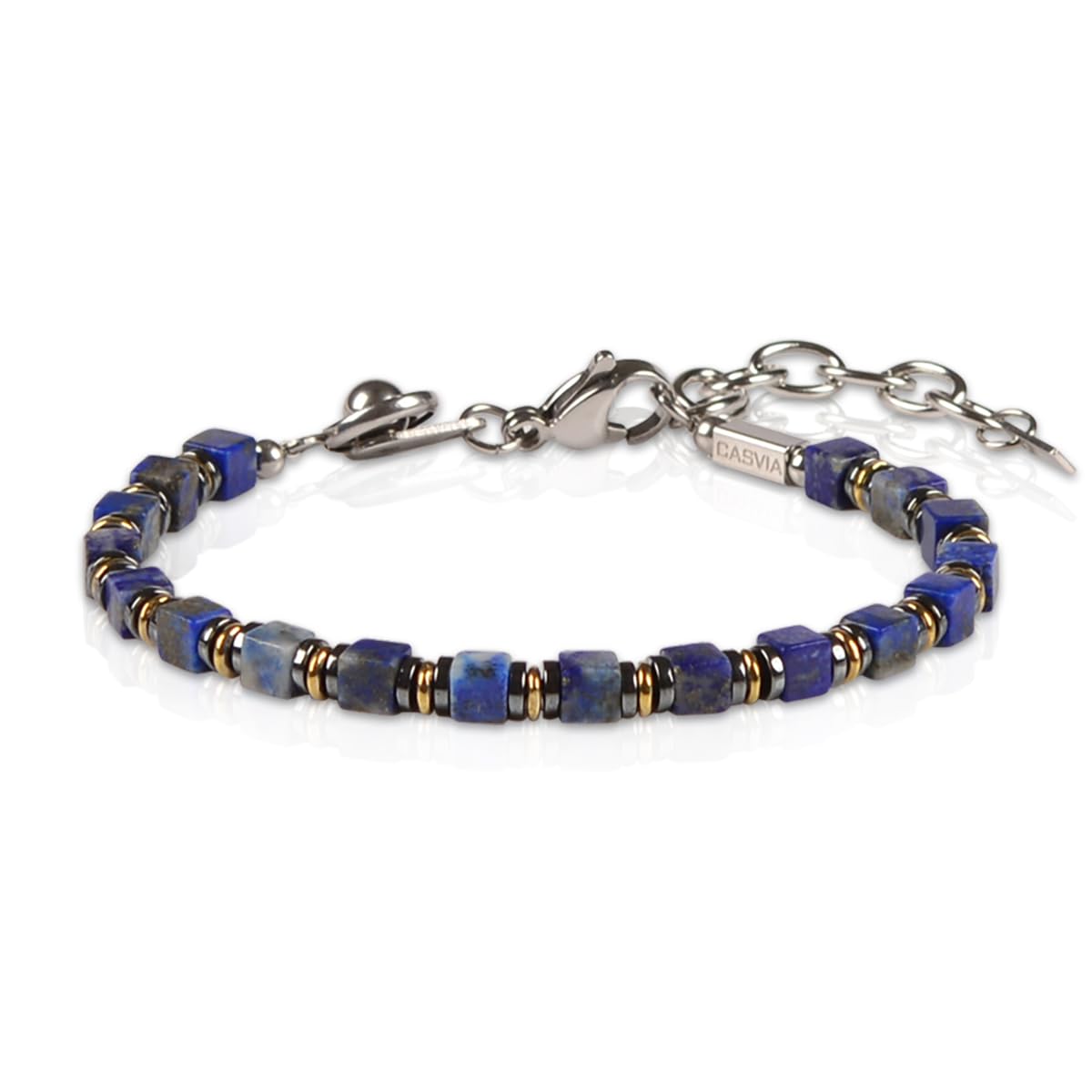 Casvia Handmade Lapis Lazuli Hematite Mens Bracelet, Stainless Steel Dual-Clasp, Adjustable 6.89-8.8 Inch, Spiritual Chakra Symbolism, Birthday Holiday Gift for Dad Husband Boyfriend