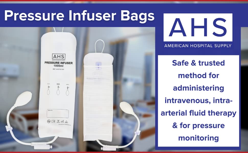 AHS American Hospital Supply Medical Pressure Infusion Bag 1000ml | IV Pole Infusion Sack with 3 Way Stopcock Smart Design and Easy to Use | Medical Supplies (Pack of 10)