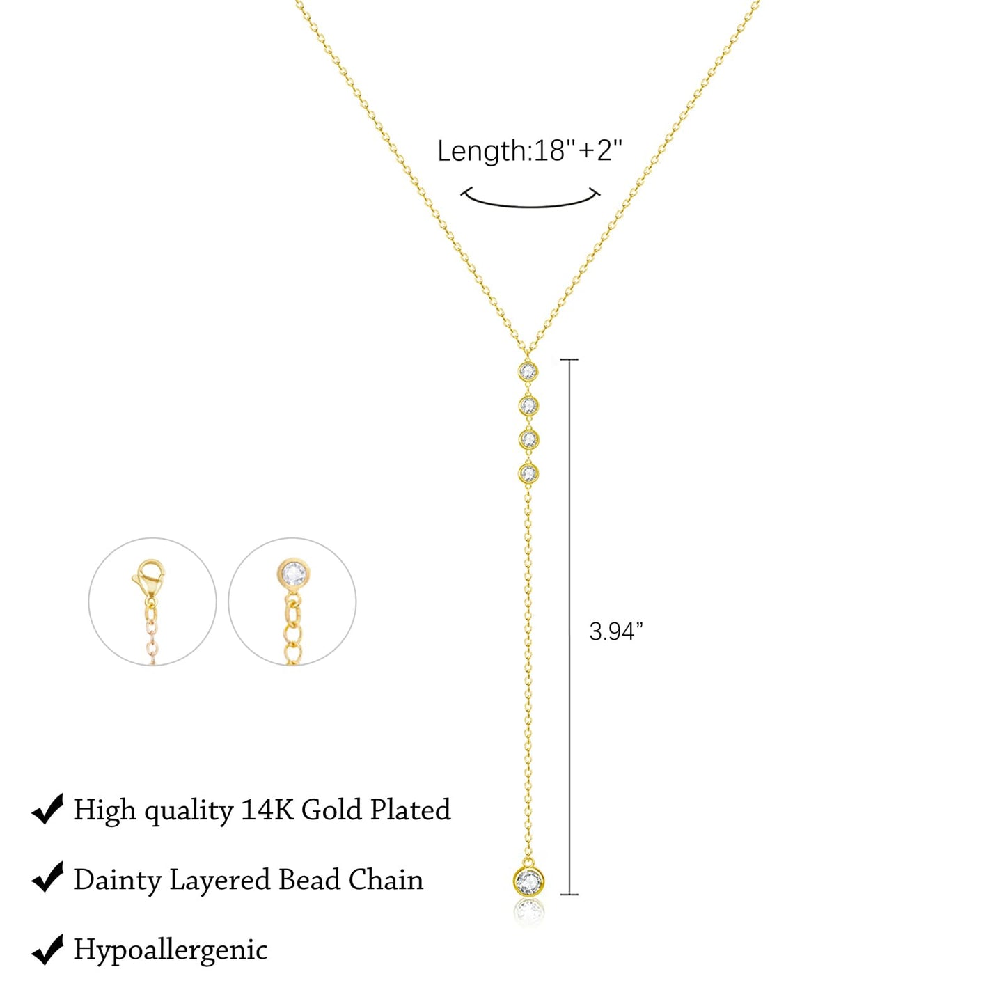 LULII Long Gold Necklace for Women Dainty 14k Gold Plated Drop Lariat Necklace Trendy Simple CZ Y-Shaped Body Chain Prom Statement Jewelry Gifts