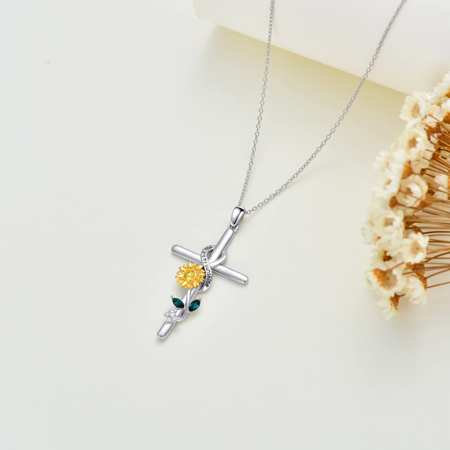 Flpruy Sunflower Necklace for Women 925 Sterling Silver Sunflower Cross Pendant Necklace You Are My Sunshine Necklace Sunflower Jewelry Gifts for Mom Wife Sister