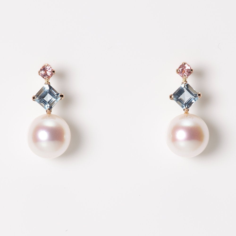 Japanese 6.0mm Akoya Cultured Pearl with Aquamarine and Pink Tourmaline Earrings for Women with 18K Rose Gold | Stylish Design Excellent Gift | Pearl Earrings