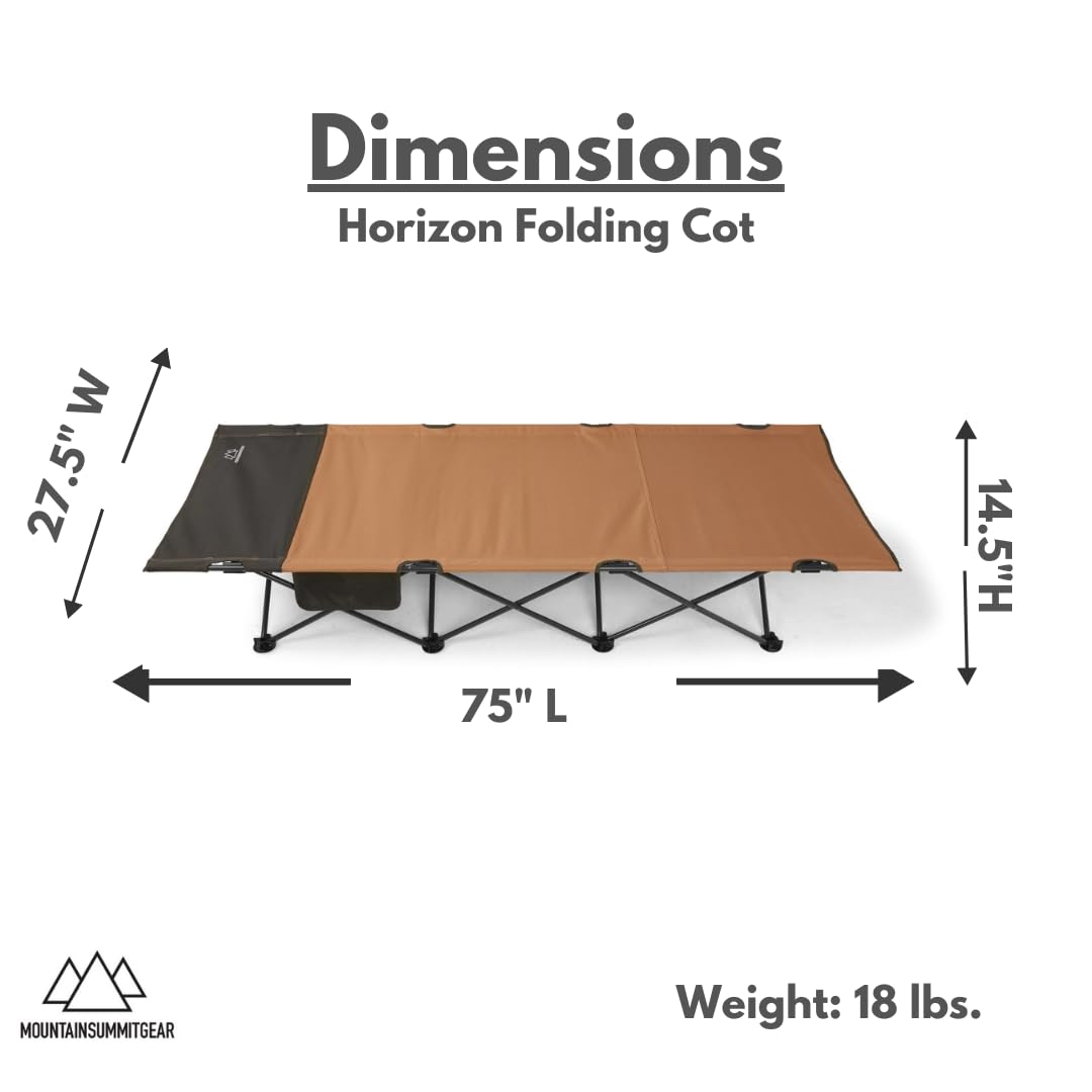 MOUNTAIN SUMMIT GEAR Horizon Cot, Foldable Camping Cot for Children & Adults, Durable Sleeping Pad with Steel Frame That Holds 300 lbs, Folding Bed Includes Side Storage (by Caddis Sports)