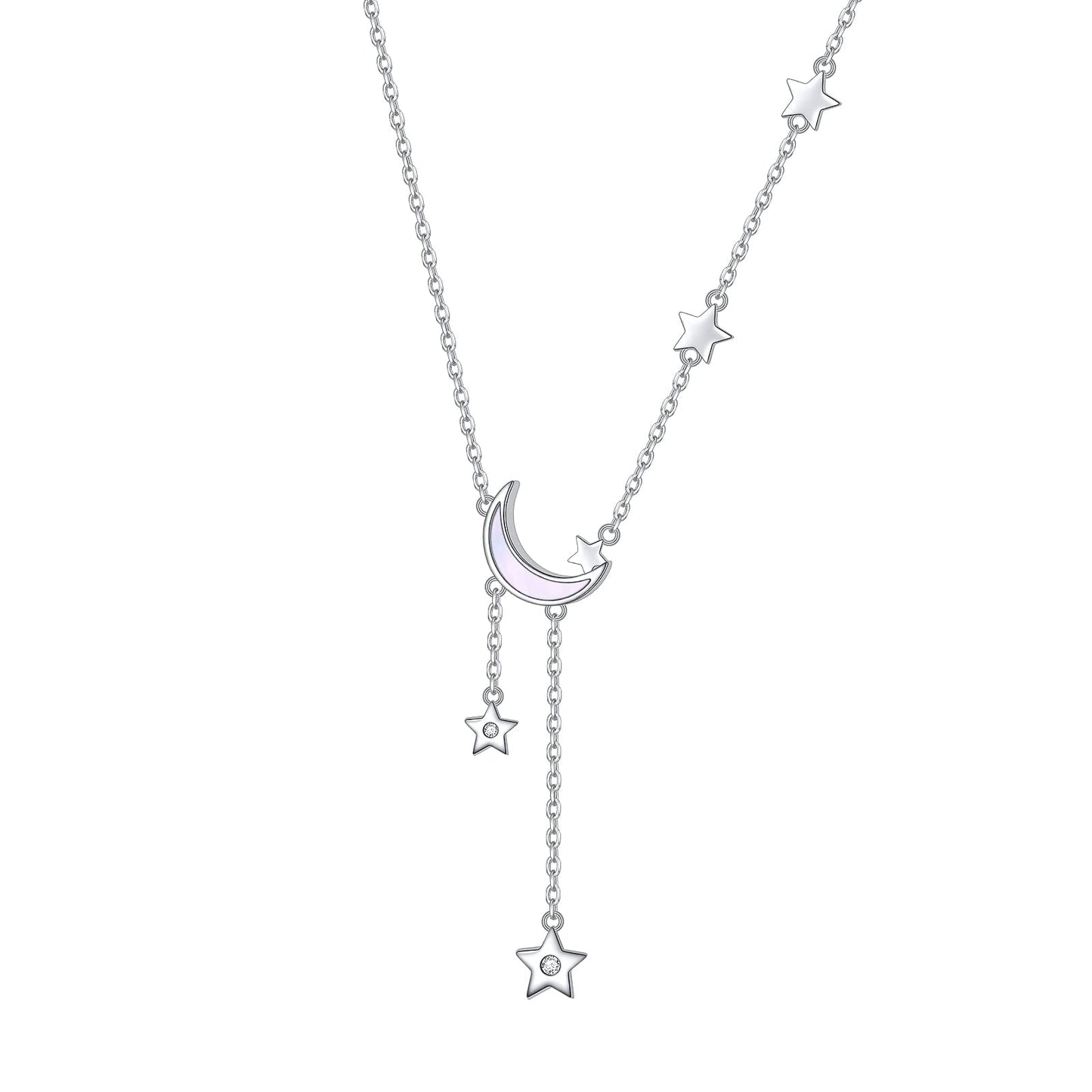 925 Sterling Silver Crescent Moon and Star Celestial Jewelry CZ White Oyster Shell Beads Mother of Pearl Pendant Necklace Rolo Chain 18 inches to 20 inches
