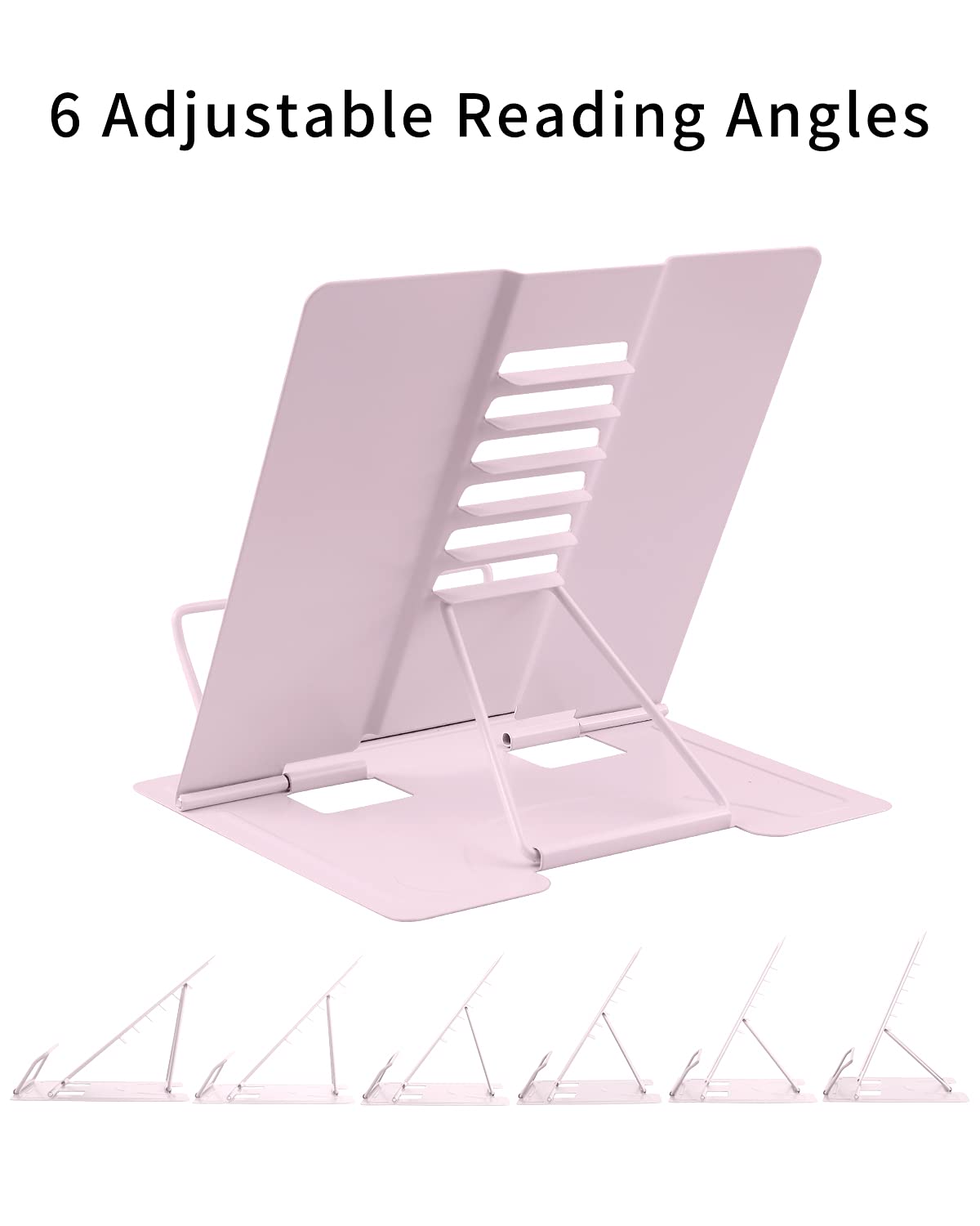 MSDADA Book Stand Metal Reading Rest Book Holder Adjustable Cookbook Documents Holder Portable Bookstands for Recipes Textbooks with Page Clips Birthday Gifts for Girls Mom Students(Macaron Pink)