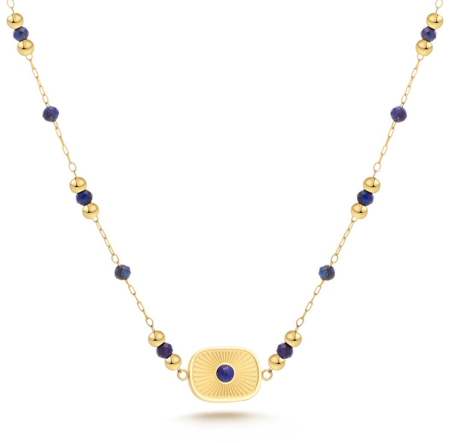 Milan Chiva Natural Gemstone Beaded Pendant Necklace for Women 14K Gold Plated Lightweight Adjustable Lapis Lazuli Jewelry MNS-1001NY