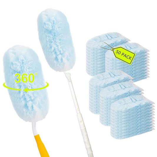 50PCS 360° Duster Refill Disposable Dusters Kit Compatible with Swiffer Duster Refills for Dusting Electronics,Dusting Furniture,Blinds (1 Short Handle and 1 Extenda Handle)