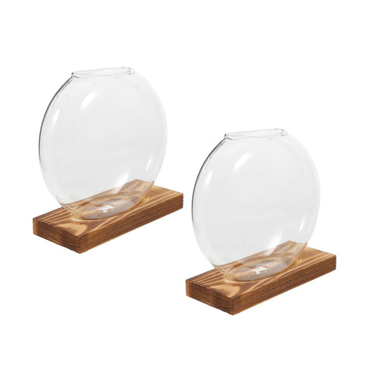UPKOCH 2pcs Hydroponic Glass Vase with Wooden Stand, Desktop Planter for Indoor Water Plants and Plant Propagation, Contemporary Glass Flower Pot for Home and Office Decor