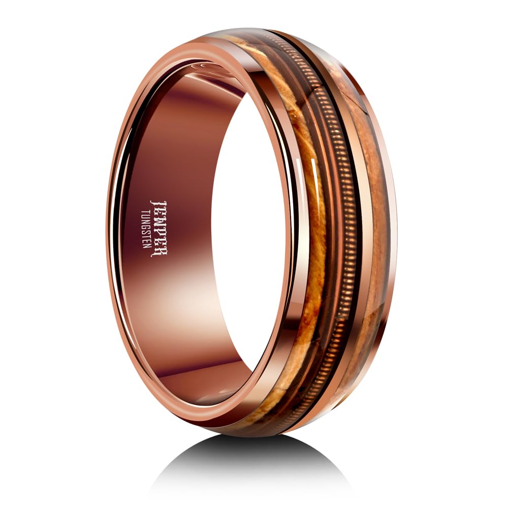 JEWPER 8mm Men Womens Wedding Band Tungsten Rings Brown Fashion Promise Carbide Inlaid Guitar Strings Whiskey Barrel Wood Matte Finish Edge Comfort Fit size 7-12(11)