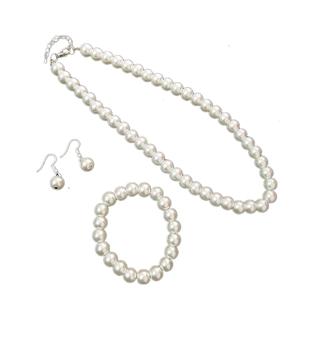 tenghong2021 Fashion Classic Faux Pearl Jewelry Set Necklace Bracelet Earrings for Women Best Gift (White 4)