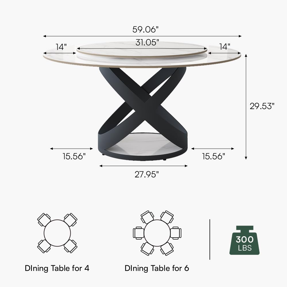 POVISON 59" Modern Dining Table, Glossy White Round Dining Table for 6 Built in Lazy Susan, Sintered Stone Dining Tabletop with Black X Carbon Steel Base (Table Only)