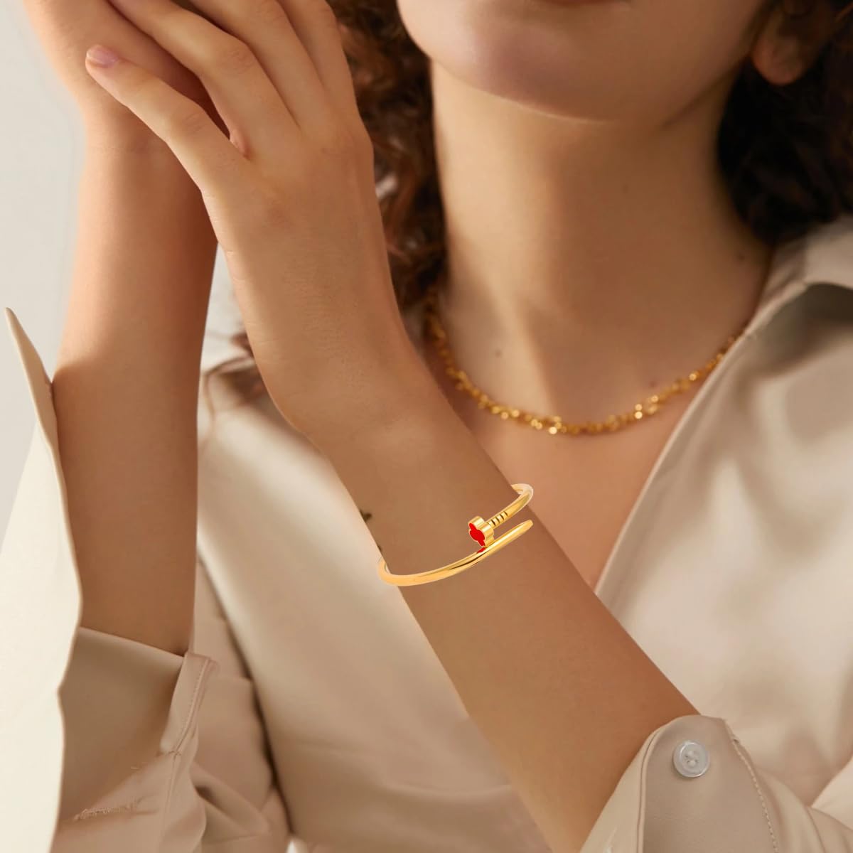 18K Gold Plated Love Nail Bangle Bracelet for Women,Stainless Steel Non-Tarnish Stackable Nail Bangle Couple Bracelet Love Trendy Jewelry Dainty Gold Bracelet Gift for Women
