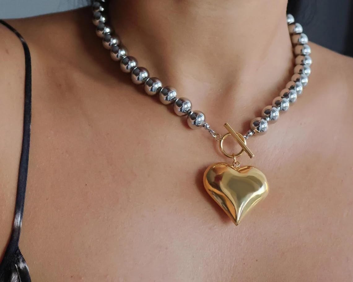 NUZON Chunky Puff Heart Pendant Necklace for Women 18K Gold Plated Large Heart and Silver-tone Beaded Chain Necklace 2-tone Stainless Steel Toggle Clasp Statement Jewelry 18''