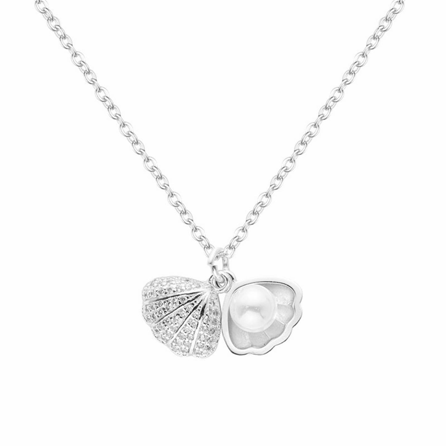Seashell Pearl Pendant Necklace for Women Gold Silver Plated Bohemian Clamshell Scallop Sea Shell Ocean Animal Chic Rhinestone Cubic Zirconia Chain Necklace for Summer Beach Holiday Jewelry Gifts (Silver)