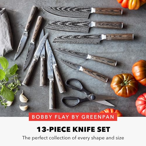 GreenPan x Bobby Flay 13 Piece Stainless Steel Cutlery Kitchen Knife Block Set, Premium Stainless Steel Blades, Acacia Wood Knife Block, Hand Finished Ergonomic Wood Handle, Damascus Steel Design