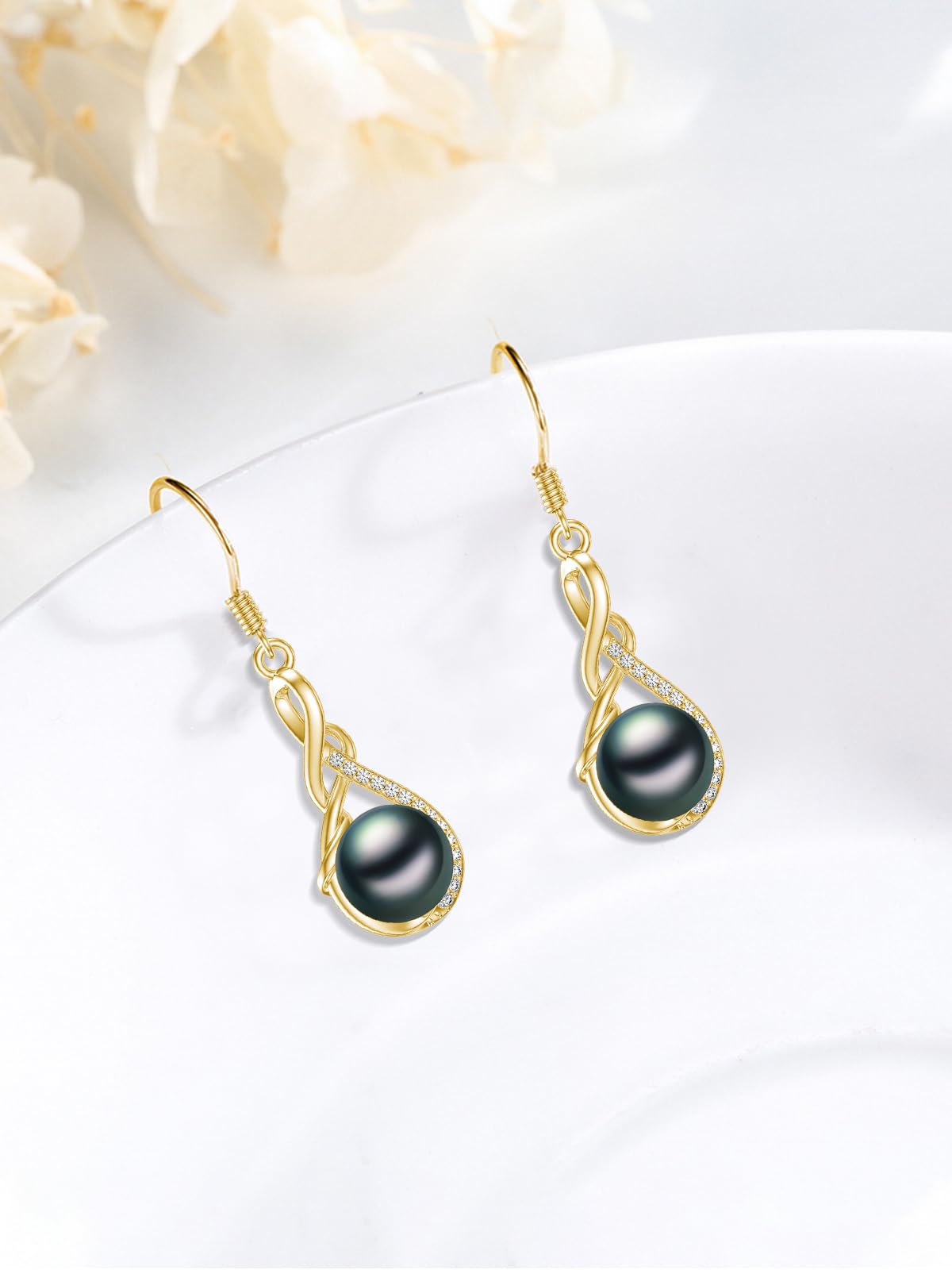 KANNSOAR 925 Sterling Silver 7MM Tahitian Black Pearl Dangle Drop Earrings, 18K Gold Plated, Everyday Infinity Earrings for Women Hypoallergenic Jewelry Gift for Anniversary Birthday Christmas