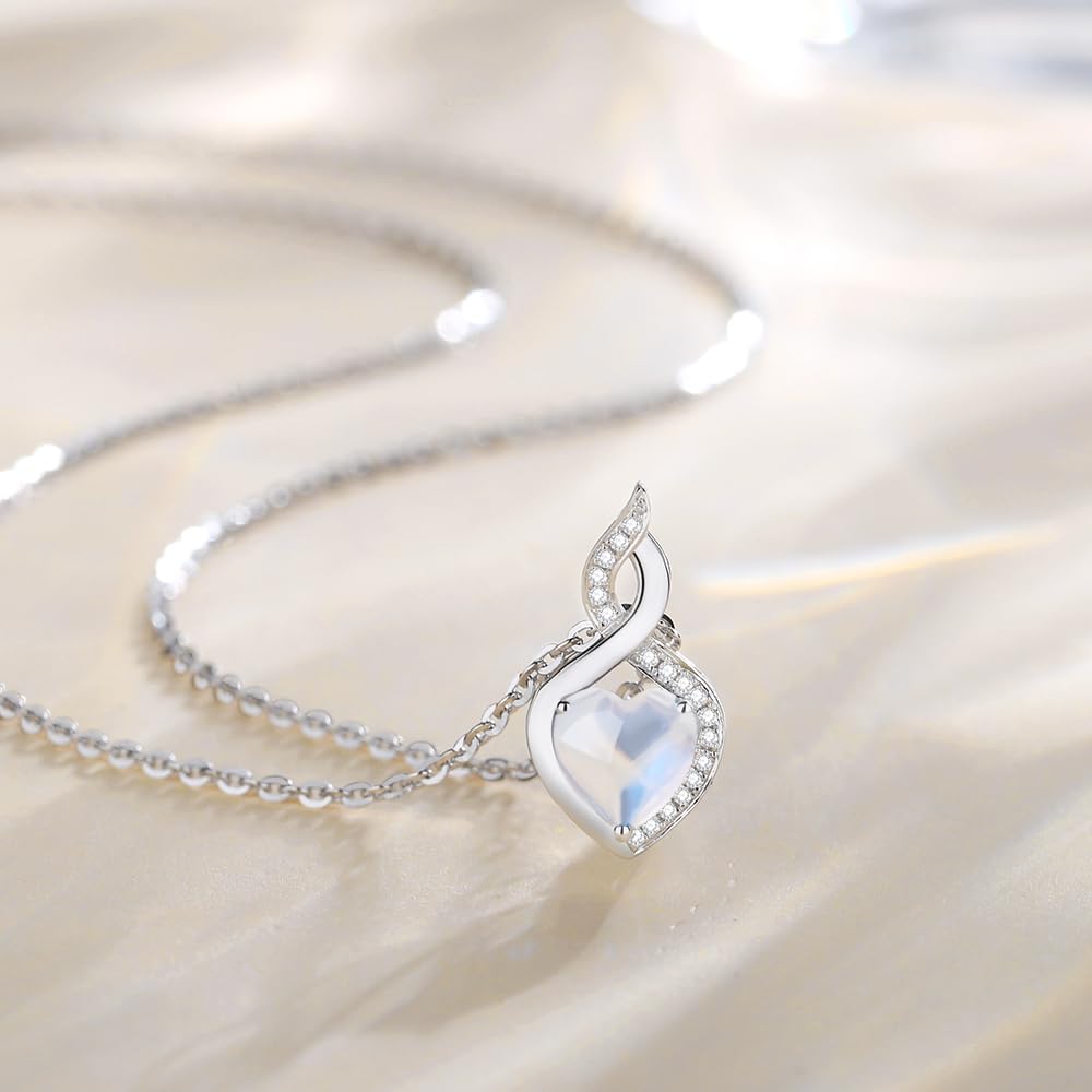 FANCIME Created Moonstone Necklace 14K Solid White Gold Heart Pendant with Diamond June Birthstone Necklace Jewelry Gifts for Mom Women
