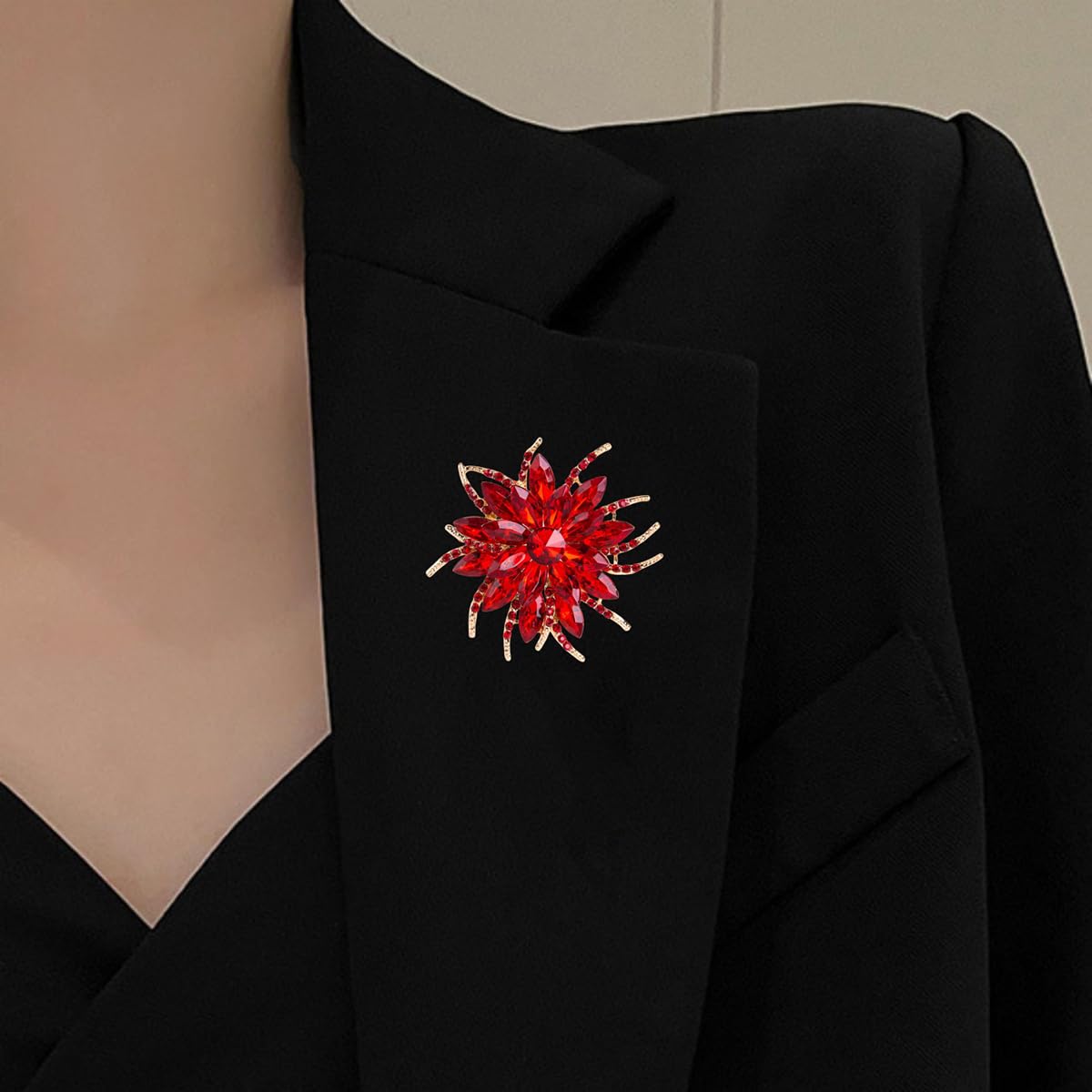 Rhinestone Sunflower Brooch Pin for Women Red Black Purple Large Flower Brooch Snowflake Hat Marquise Wreath Christmas Jewelry (Red Brooch E)