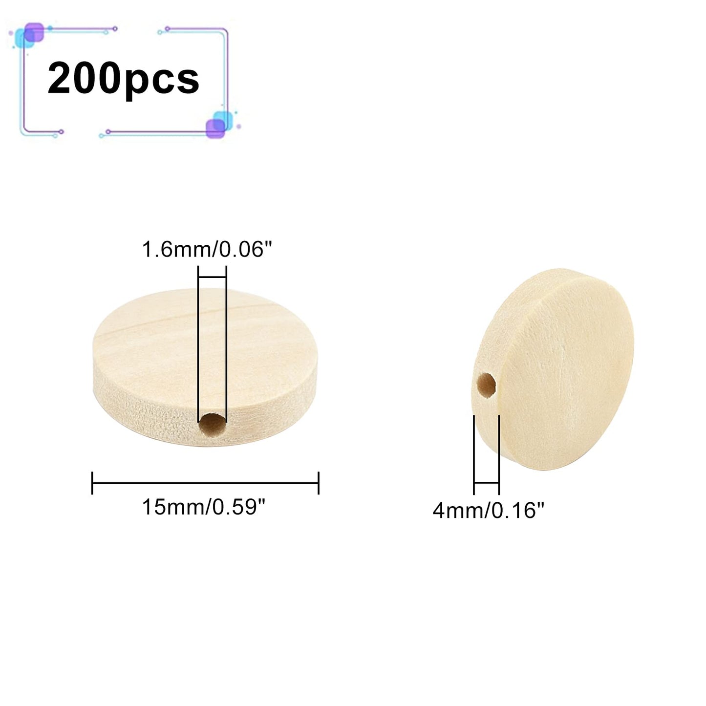 PH PandaHall 200ps Flat Round Wooden Beads 15mm Drilled Wooden Natural Wooden Beads Wooden Coin Spacer Beads for Christmas Tree Wreath Macrame Garland Craft Jewelry Craft, 1.6mm Hole