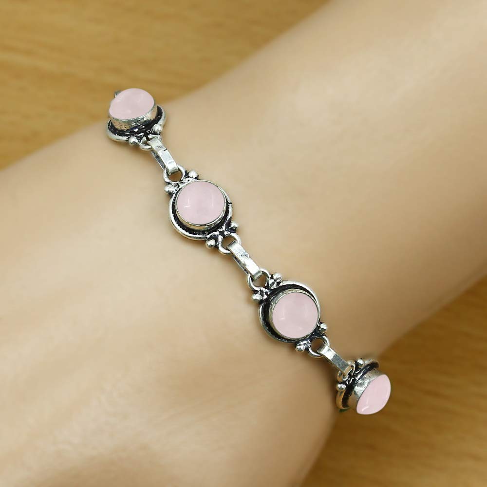 Natural Rose Quartz 925 Silver Plated Light Weight Trendy Adjustable Bracelet for Women - January Birthstone Pink Gemstone Handmade Link Bracelet - Wedding Jewelry Gifts for Her