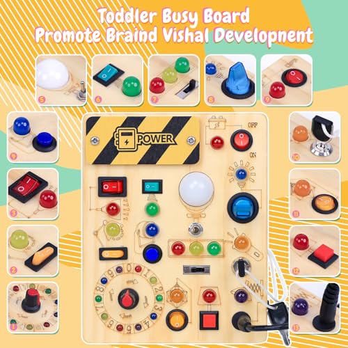 Busy Board with LED Light Switches, Montessori Toys for 1 2 3 Years Old, Toddlers Wooden Toy Sensory Activity Board, Travel Toys for 1+ Year Old Boy & Girl Birthday Gift