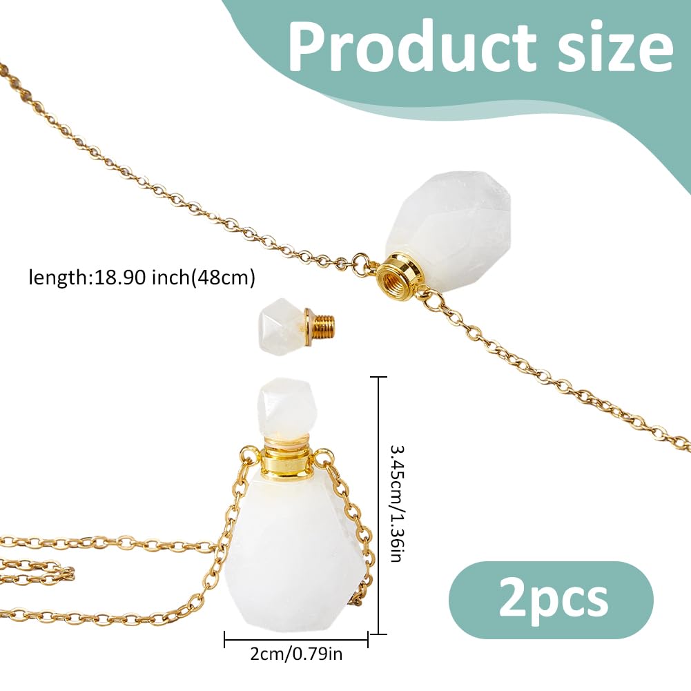 SUPERFINDINGS 2Pcs Perfume Bottle Necklace Essential Oil Diffuser Necklace White Natural Quartz Crystal Perfume Bottle Pendant with 304 Stainless Steel Chain Gemstone Vial Pendant for Woman Men