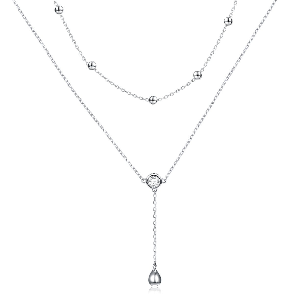 FLYOW Layered Necklace S925 Sterling Silver Teardrop Double Choker Y Lariat Long Necklace Mothers Day Birthday Gifts for Women