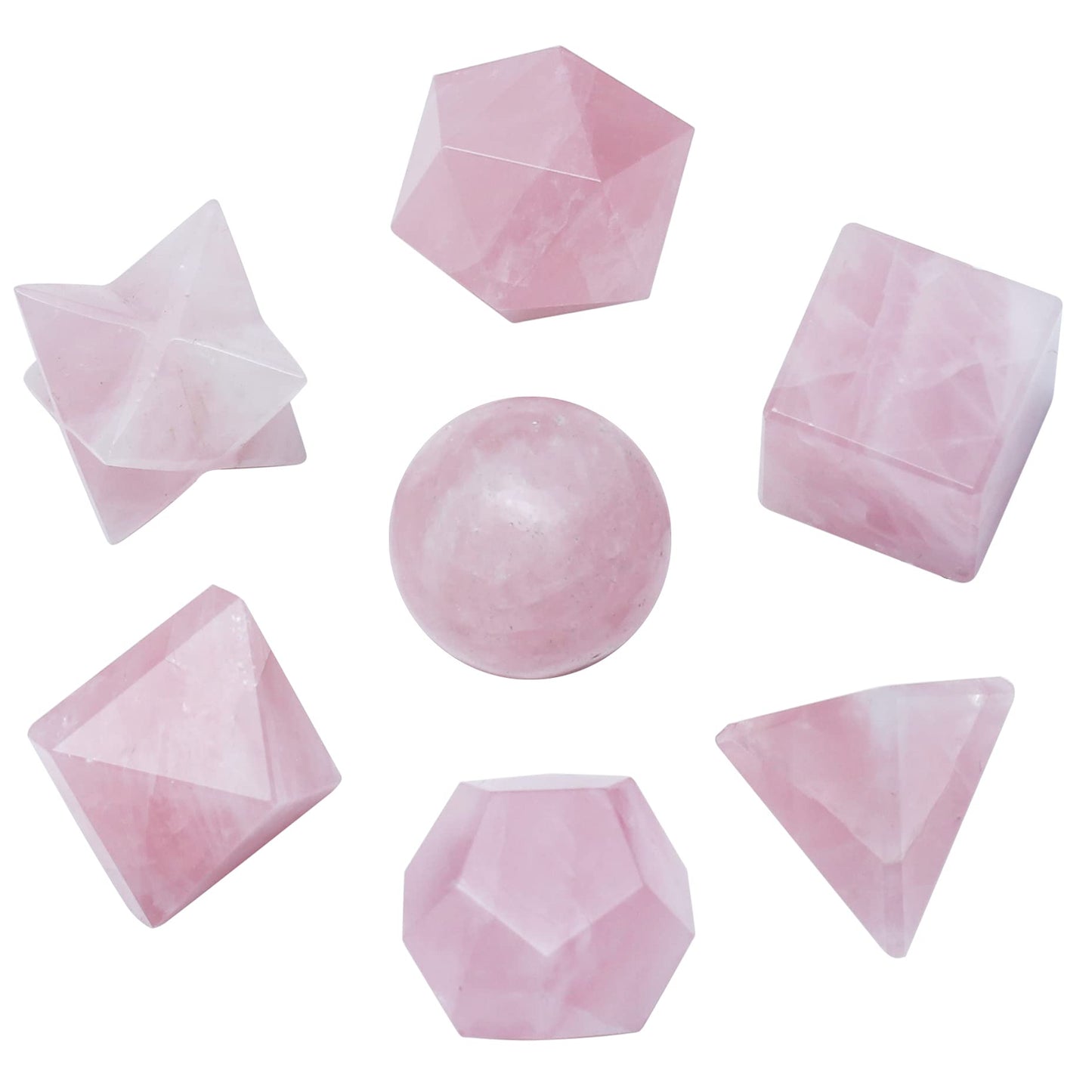 Crocon Rose Quartz 7Pcs Platonic Solids Crystal Geometry Set, Platonic Solids Sacred Geometric Stones for Meditation Reiki Balancing Healing Chakra Stone Cleansing Spiritual Good Luck (15-20mm)