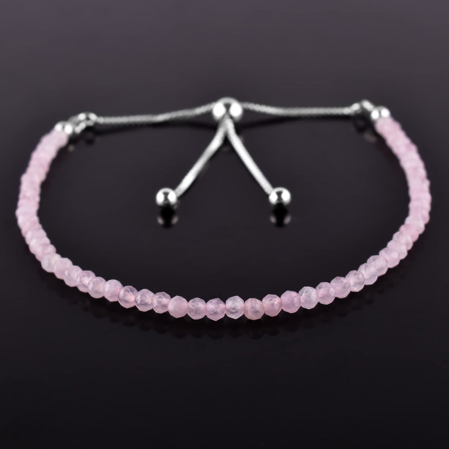 ZEMBIENCE Natural Rose Quartz Gemstones Bolo Bracelet, Micro-Faceted Beads Stones, Chakra Healing Crystals, Silver Plated, Adjustable Slider, Birthstones, Handmade, Women Jewelry, Valentine Gifts, 10"