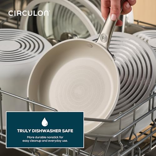 Circulon Halo with LaserDefense Ceramic Nonstick Pots and Pans with Lids, Compatible with All Stovetops, Made without PFAS, Dishwasher and Oven Safe, 11 Piece Cookware Set - Pearl White