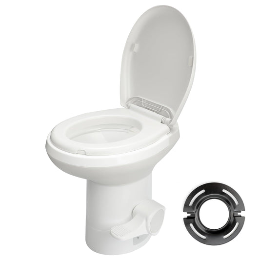 Clirass Efficient Gravity-Flush RV Toilet with Quiet-Close, Triple-Jet Flush with Adjustable Water Level, Standard Height and Foot Pedal for RVs, Trailers, and Campers